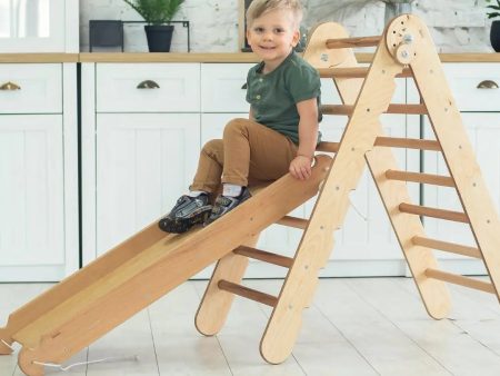 2in1 Montessori Climbing Set: Triangle Ladder + Slide Board Ramp – Beige Supply