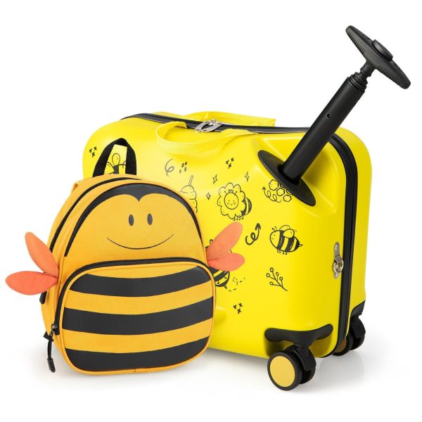 2 Pieces 18 Inch Ride-on Kids Luggage Set with Spinner Wheels and Bee Pattern For Sale