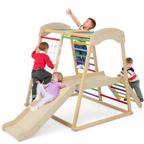 6-in-1 Indoor Jungle Gym Kids Wooden Playground with Monkey Bars For Cheap