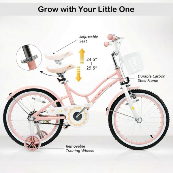 18 Inch Kids Adjustable Bike with Training Wheels - Pink For Sale