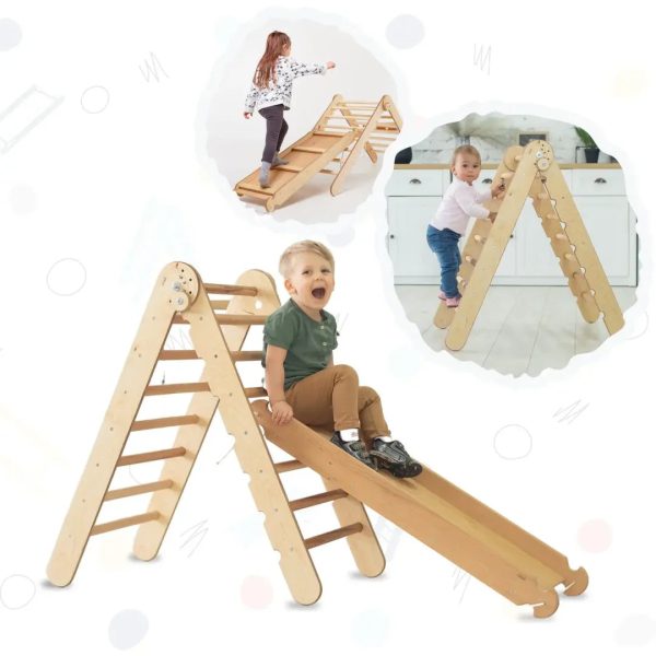 2in1 Montessori Climbing Set: Triangle Ladder + Slide Board Ramp – Beige Supply