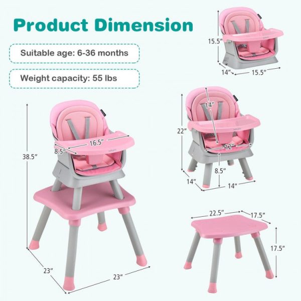 6-in-1 Convertible Baby High Chair with Adjustable Removable Tray - Pink Online Sale