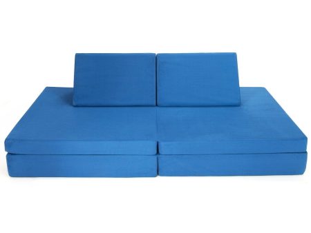 4-Piece Convertible Kids Couch Set with 2 Folding Mats and 2 Triangular Pillows - Blue For Sale