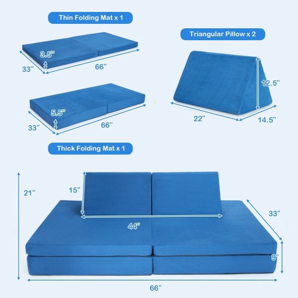 4-Piece Convertible Kids Couch Set with 2 Folding Mats and 2 Triangular Pillows - Blue For Sale