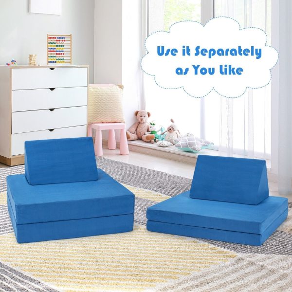 4-Piece Convertible Kids Couch Set with 2 Folding Mats and 2 Triangular Pillows - Blue For Sale