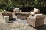 Beachcroft Beachcroft Fire Pit Table with Four Nuvella Swivel Lounge Chairs For Sale